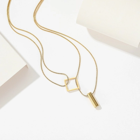 Minimalist Titanium Steel Double Layer Necklace For Women Gold Plated Hollow Square And Solid Cylinder Pendant Snake Chain Jewelry
