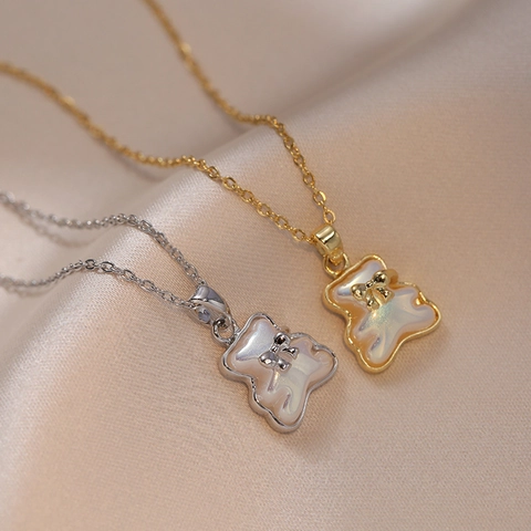 Collar Con Colgante De Oso Lindo Acero De Titanio Incrustacion Nacar Zircon Detalle Lazo Joyeria Elegante Mujer