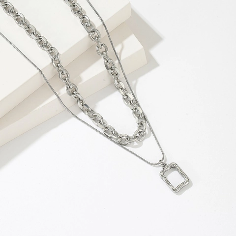 Layered Titanium Steel Necklace Hollow Rectangular Pendant Hammered Texture Minimalist Geometric Jewelry For Women