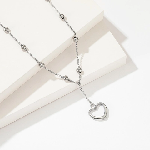Stainless Steel Heart Pendant Necklace Y-Shaped Chain With Beads Minimalist Chic Jewelry For Women Non-Fading