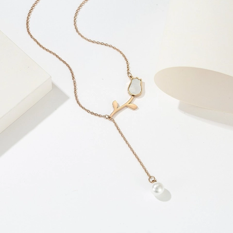 Tulip Pendant Necklace Titanium Steel With Mother Of Artificial Pearl Shell And Artificial Pearl Tassel Elegant Y-Shaped Jewelry For Women