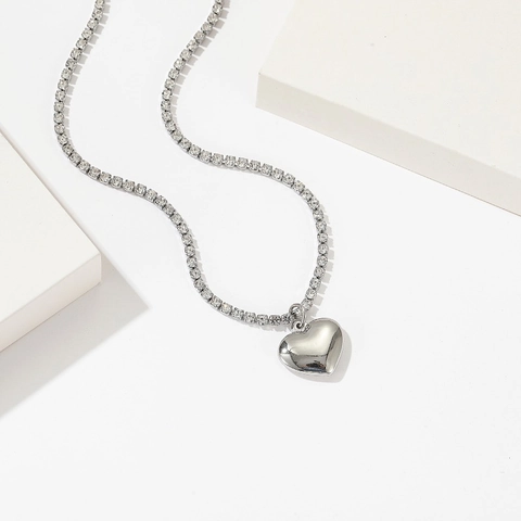 Stainless Steel Heart Pendant Necklace Cubic Zirconia Tennis Chain Minimalist Shiny Clavicle Jewelry For Women