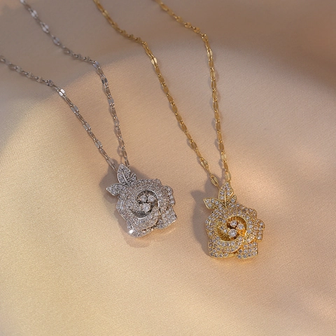 Elegante Collar Con Colgante De Flor De Rosa De Capas En Acero Inoxidable Con Circonitas Joyería Para Mujer