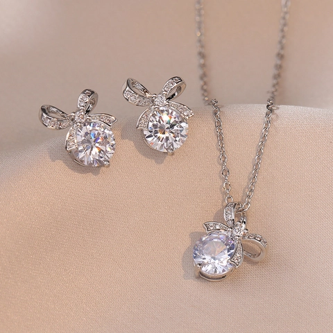 Collana E Orecchini Design A Fiocco Gioielli Acciaio Al Titanio Con Zircone Rotondo Per Donna Stile Coreano Elegante