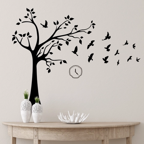 Schwarzer Baum Und Fliegende Vögel Wandtattoo Modern PVC Silhouette Aufkleber Mit Uhr Dekor Für Wohnzimmer Schlafzimmer