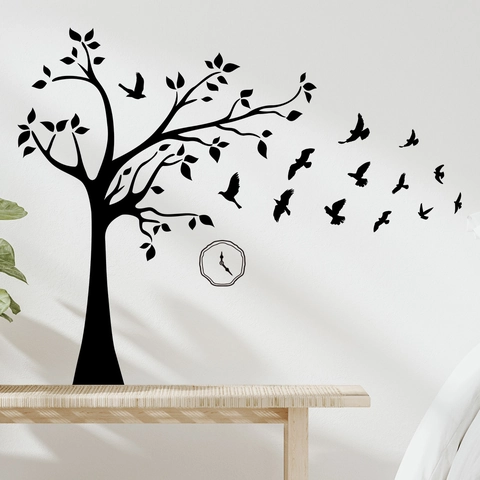 Schwarzer Baum Und Fliegende Vögel Wandtattoo Modern PVC Silhouette Aufkleber Mit Uhr Dekor Für Wohnzimmer Schlafzimmer