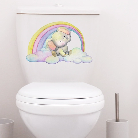 Cartoon Elephant Rainbow Toilet Sticker Waterproof PVC Removable Bathroom Decor Wall Decal Cute Nursery Kids Home