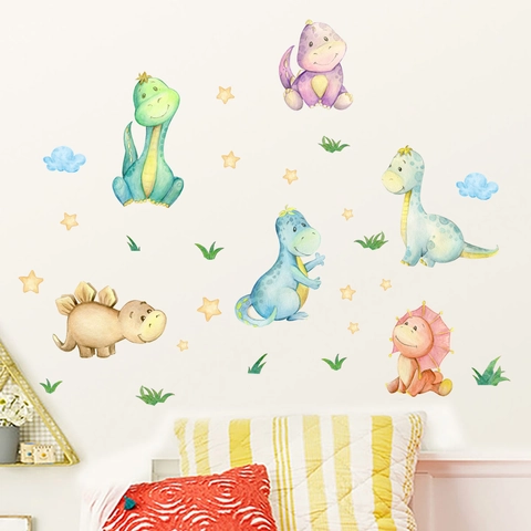 Cartoon Dinosaur Wall Stickers PVC Self-Adhesive Watercolor Decals For Kids Nursery Bedroom Decor