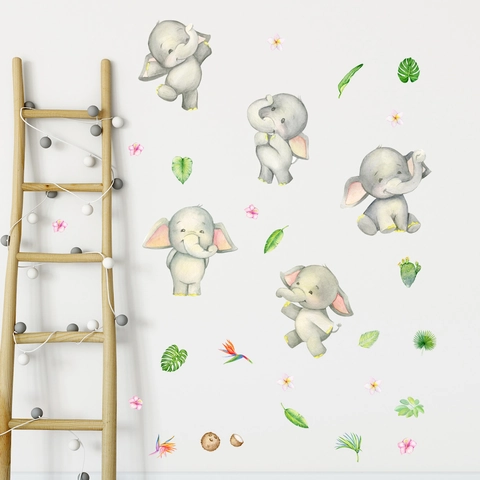 Wall Stickers Cartoon Elephant Watercolor Green Leaves PVC Self Adhesive Nursery Decor For Kids Room Home Decoration