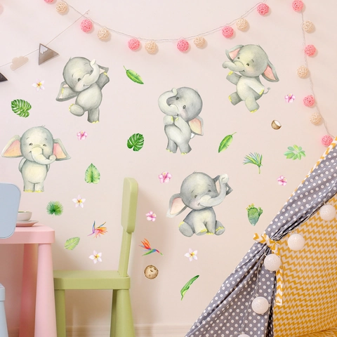 Wall Stickers Cartoon Elephant Watercolor Green Leaves PVC Self Adhesive Nursery Decor For Kids Room Home Decoration