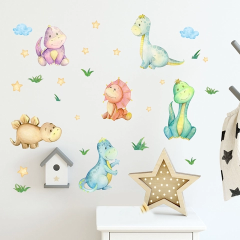 Cartoon Dinosaur Wall Stickers PVC Self-Adhesive Watercolor Decals For Kids Nursery Bedroom Decor