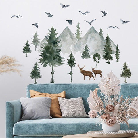 Watercolor Forest Mountains Trees Deer Birds Wall Stickers PVC Self-adhesive Nordic Nature Art Decal Living Room Home Decor
