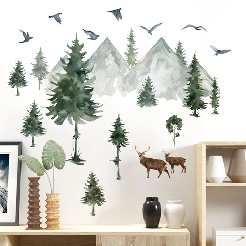 Watercolor Forest Mountains Trees Deer Birds Wall Stickers PVC Self-adhesive Nordic Nature Art Decal Living Room Home Decor