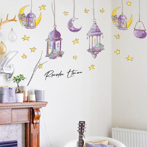 Ramadán Vinilos de Pared Linterna Púrpura Luna Estrella Calcomanías de PVC Autoadhesivas para Dormitorio Sala Decoración Festiva