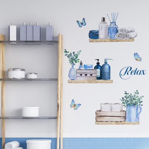 Adesivi Murali Bagno Acquerello Scaffale Pianta Farfalla Relax Scritta PVC Decalcomania Decorativa per Spa Casa Decor