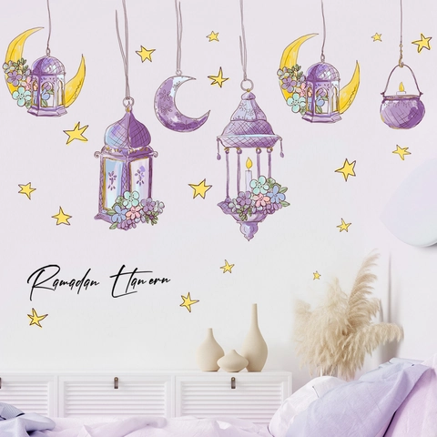 Ramadán Vinilos de Pared Linterna Púrpura Luna Estrella Calcomanías de PVC Autoadhesivas para Dormitorio Sala Decoración Festiva