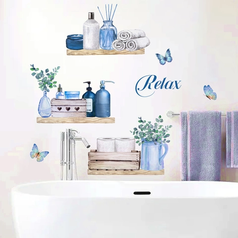 Adesivi Murali Bagno Acquerello Scaffale Pianta Farfalla Relax Scritta PVC Decalcomania Decorativa per Spa Casa Decor