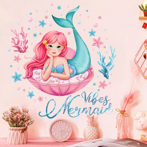 Vinilo Decorativo de PVC de Princesa Sirena Mundo Submarino Extraíble Impermeable Dibujos Animados Decoración para Habitación Infantil