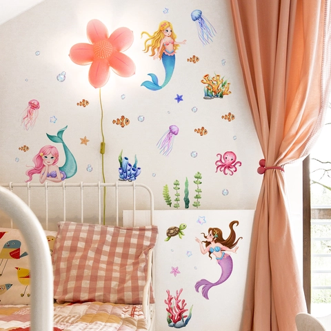 Cartoon Mermaid Princess Undersea World Wall Stickers For Kids Room Bedroom Nursery Decor Removable Waterproof PVC Ocean Animals Decals