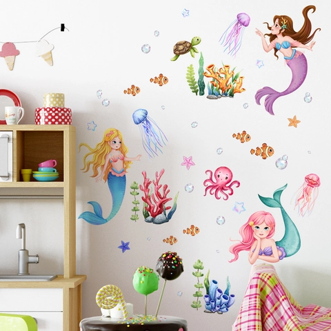 Pegatinas De Pared Mundo Submarino Princesa Sirena PVC Dibujos Animados Animales Océano Decoración Para Cuarto De Niños Dormitorio