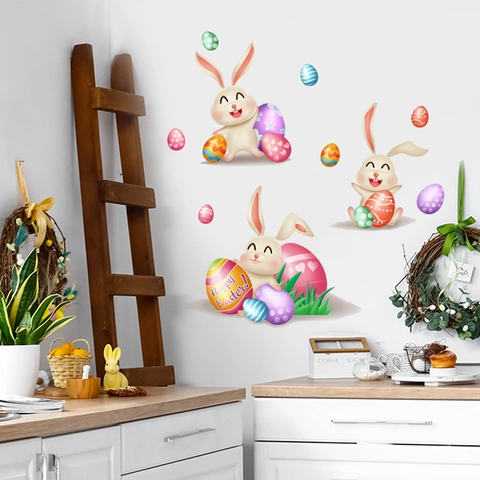Easter Wall Stickers Cartoon Bunny Colorful Eggs Waterproof PVC Self Adhesive Decals For Children Room Living Room Decor