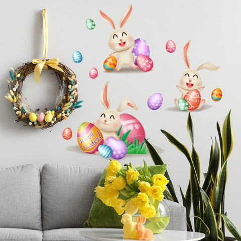 Easter Wall Stickers Cartoon Bunny Colorful Eggs Waterproof PVC Self Adhesive Decals For Children Room Living Room Decor