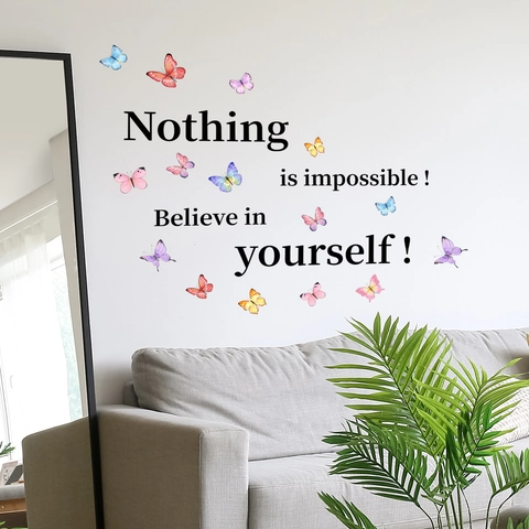 Butterfly Wall Stickers PVC Inspirational Quote Nothing Is Impossible Self Adhesive Removable Decals For Living Room Bedroom