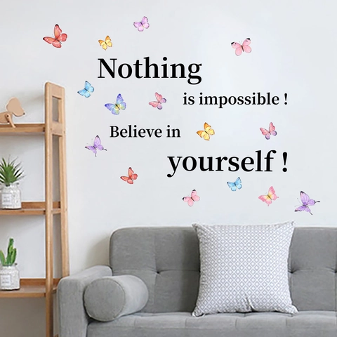 Butterfly Wall Stickers PVC Inspirational Quote Nothing Is Impossible Self Adhesive Removable Decals For Living Room Bedroom