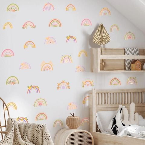 Boho Rainbow Rabbit Wall Stickers For Kids Room Nursery PVC Self Adhesive Colorful Flower Heart Decoration For Bedroom Playroom