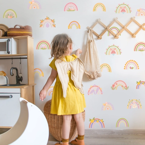 Boho Rainbow Rabbit Wall Stickers For Kids Room Nursery PVC Self Adhesive Colorful Flower Heart Decoration For Bedroom Playroom