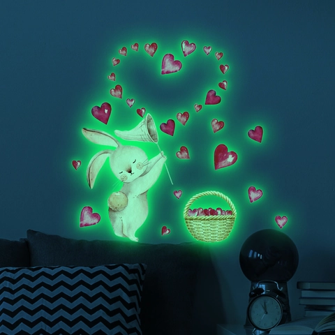 Cartoon Konijn Hart Lichtgevende Muurstickers Glow In The Dark PVC Fluorescerende Stickers Voor Kinderkamer Slaapkamer