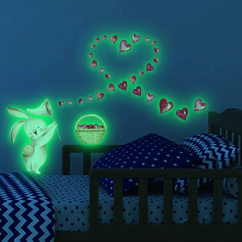Luminous Wall Sticker Cartoon Rabbit With Heart Pattern Glow In The Dark PVC Self Adhesive Decal For Kids Room Decor