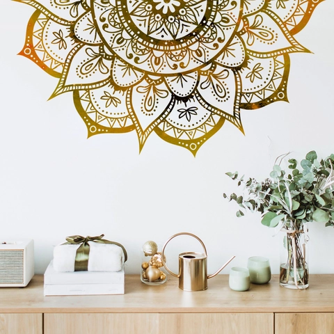 Sticker Mural Mandala Doré PVC Auto-adhésif Style Bohème Décoration Pour Salon Chambre Bureau Murale
