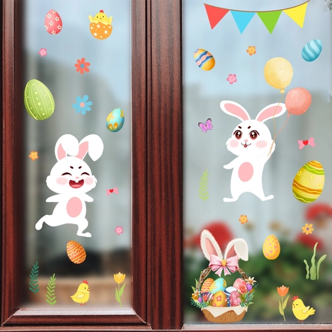 Easter Wall Stickers Bunny Eggs Flowers Cartoon PVC Static Window Clings Removable Holiday Home Decor