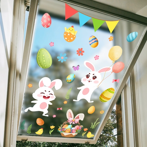 Easter Wall Stickers Bunny Eggs Flowers Cartoon PVC Static Window Clings Removable Holiday Home Decor