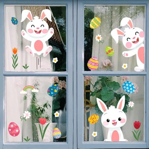 Easter Window Clings Static PVC Stickers Cute Bunny Eggs Rainbow Flower For Glass Home Bedroom Living Room Decoration