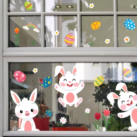 Easter Window Clings Static PVC Stickers Cute Bunny Eggs Rainbow Flower For Glass Home Bedroom Living Room Decoration