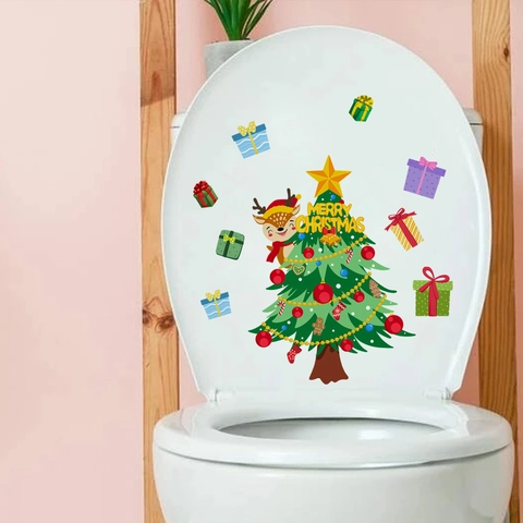 Árbol De Navidad Reno Pegatina Tapa De Inodoro PVC Impermeable Calcomanía Baño Decoración Navideña
