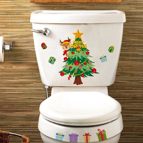 Árbol De Navidad Reno Pegatina Tapa De Inodoro PVC Impermeable Calcomanía Baño Decoración Navideña