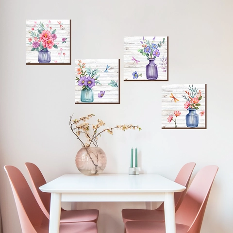 Pegatinas De Pared Florero De Acuarela Mural Autoadhesivo De PVC Con Flores Y Libélula Para Decoración De Sala De Estar Dormitorio
