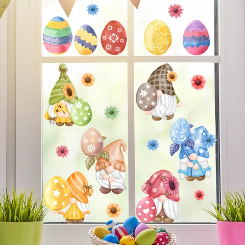 Easter Gnome Colorful Egg Window Clings PVC Static Sticker Watercolor Cartoon Holiday Home Decoration
