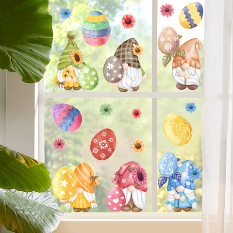 Easter Gnome Colorful Egg Window Clings PVC Static Sticker Watercolor Cartoon Holiday Home Decoration