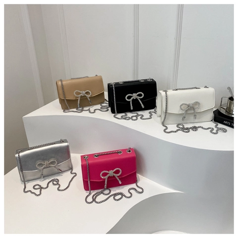 Women Shoulder Bag PU Leather Rhinestone Bow Small Square Flip Top Chain Strap Elegant Commuter Fashion Crossbody