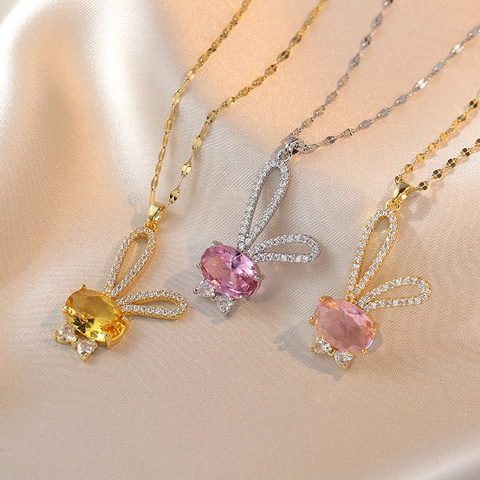 Collana Con Pendente Coniglio Acciaio Al Titanio Zirconia Intarsiata Animale Carino Zodiaco Gioielli Di Moda Per Donne