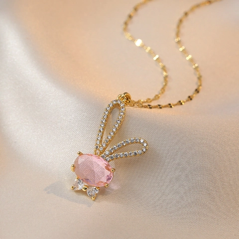 Collana Con Pendente Coniglio Acciaio Al Titanio Zirconia Intarsiata Animale Carino Zodiaco Gioielli Di Moda Per Donne