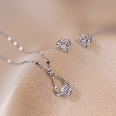 Heart Pendant Necklace And Stud Earrings Stainless Steel Zirconia Love Jewelry For Women Dainty Elegant Romantic Style