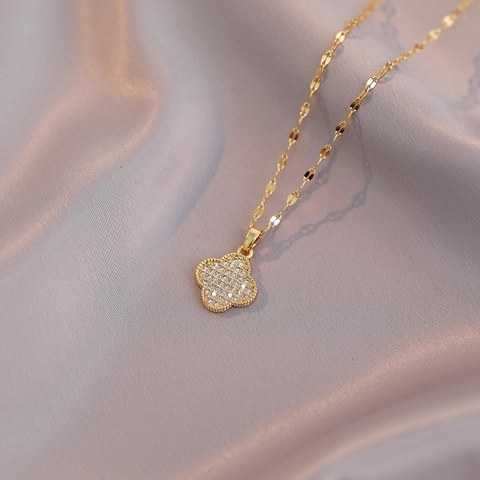 Four Leaf Clover Lucky Floral Necklace And Stud Earrings Jewelry Titanium Steel Zircon Rhinestone Elegant For Women