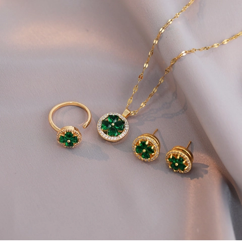 Luxury Titanium Steel Emerald Green Zirconia Heart Clover Necklace Earring Ring Jewelry Set For Women Gold Silver Plated Micro Pave Elegant Jewelry Gift