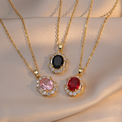 Elegante Titanstahl Zirkon Oval Anhänger Halskette Vergoldet Kleine Edelstein Schlüsselbein Kette Für Damen Party Schmuck