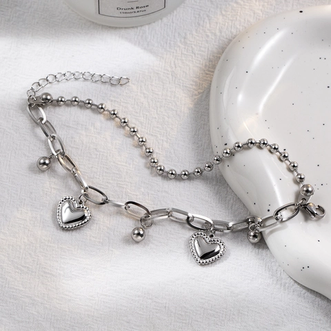 Bracciale A Doppio Strato Con Ciondolo A Cuore Acciaio Al Titanio Perle Tonde Catena Regolabile Stile Hip Hop Per Donne